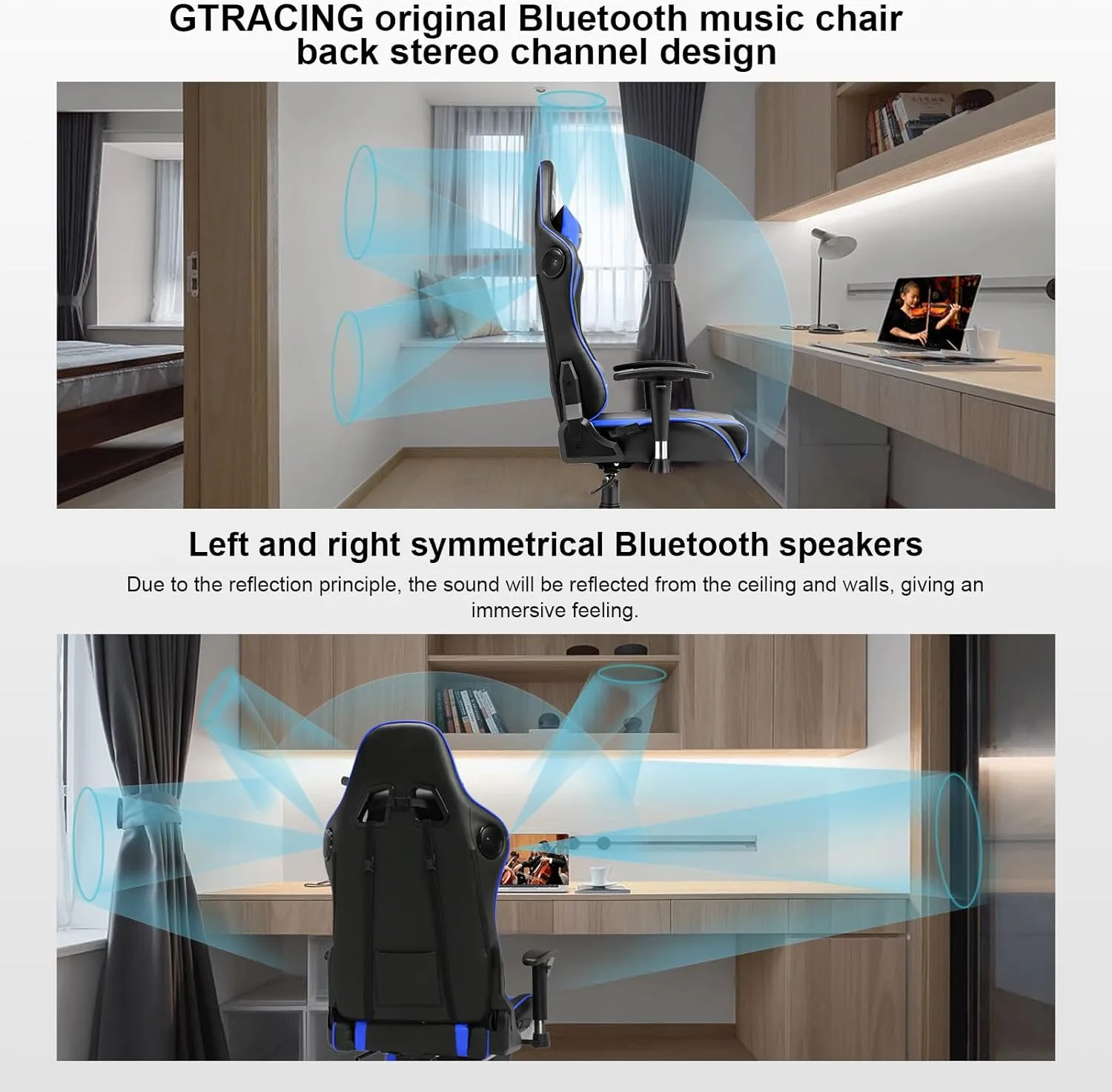 GTRACING Gaming Chair with Speakers Bluetooth Music Video Game Chair Audio Ergonomic Design Heavy Duty Office Computer Desk Chair（Blue）