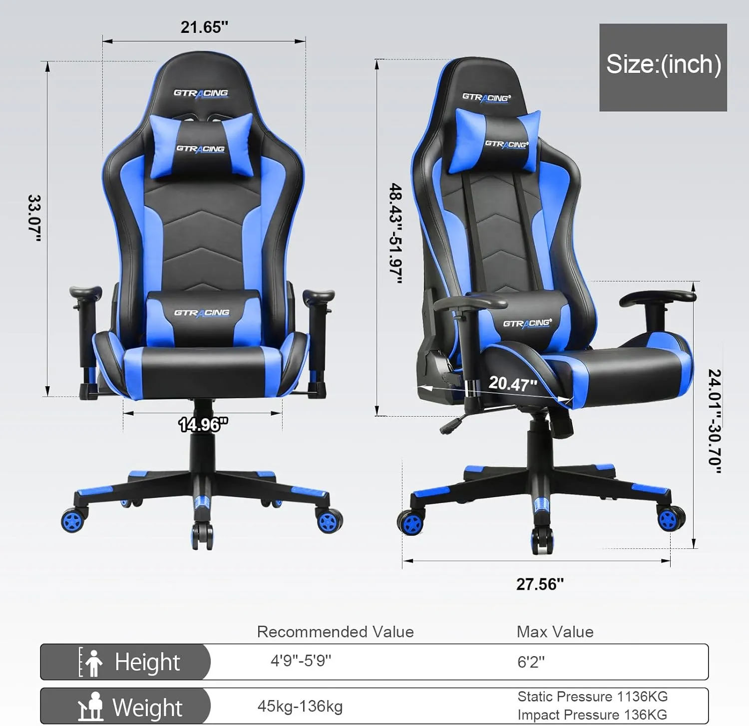 GTRACING Gaming Chair with Speakers Bluetooth Music Video Game Chair Audio Ergonomic Design Heavy Duty Office Computer Desk Chair（Blue）