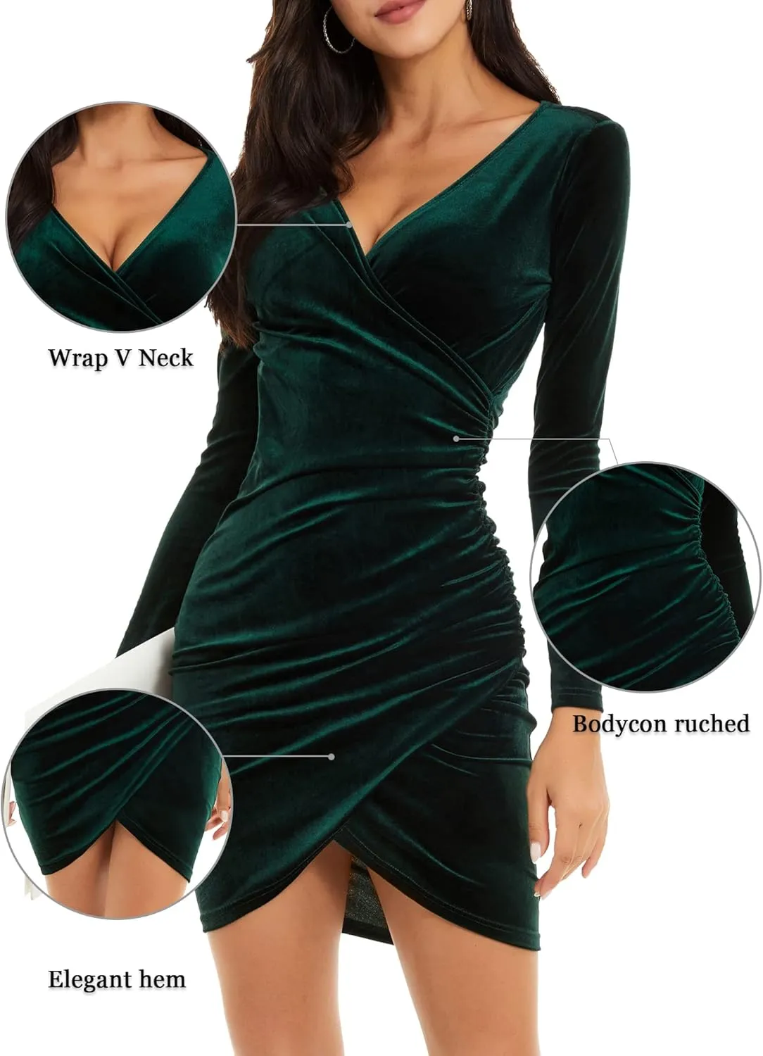 GUBERRY Womens Wrap V Neck Long Sleeve Velvet Bodycon Ruched Cocktail Party Wedding Guest Dress
