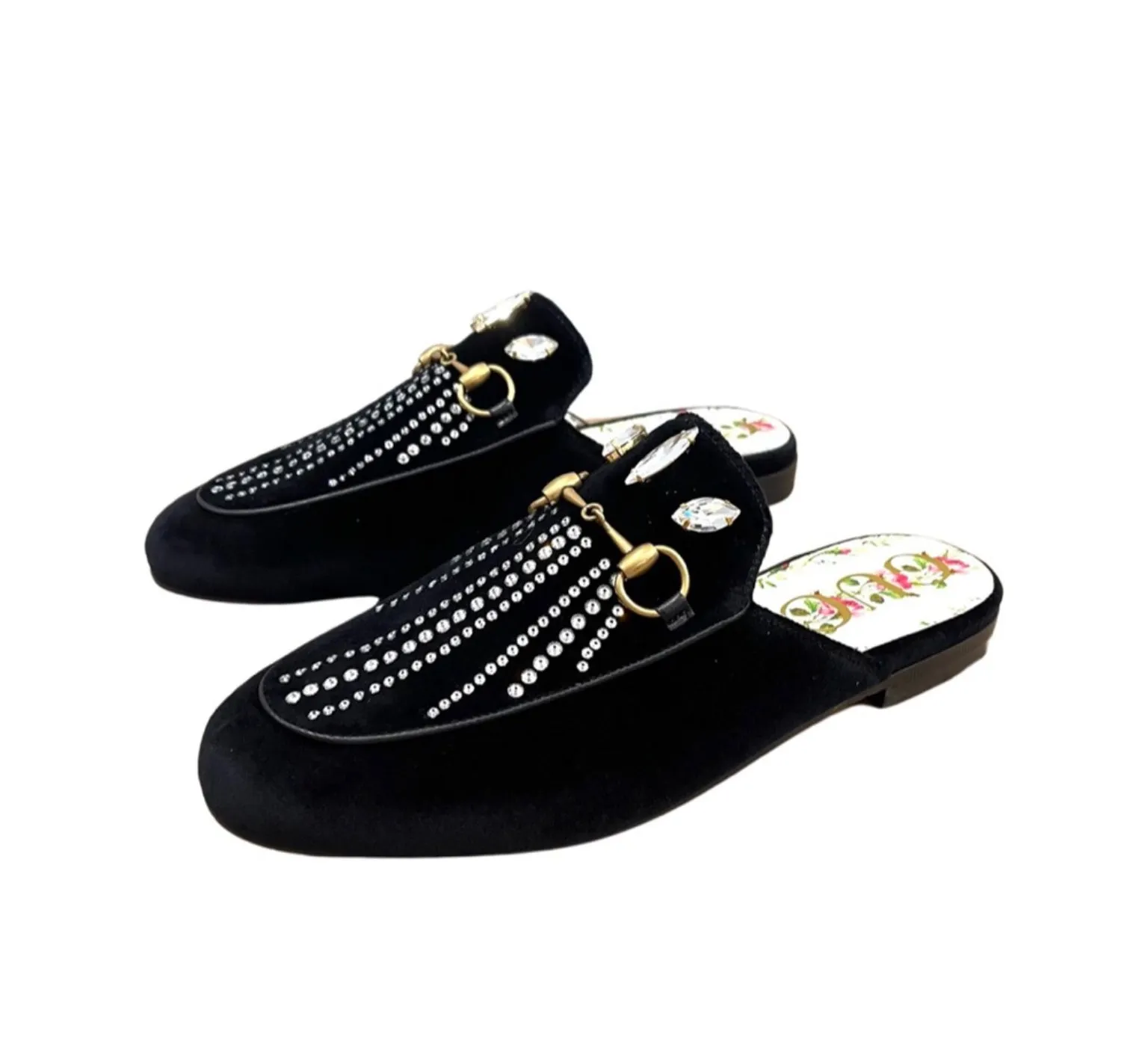 Gucci Horsebit Princetown Crystal Embellished Velvet Slippers