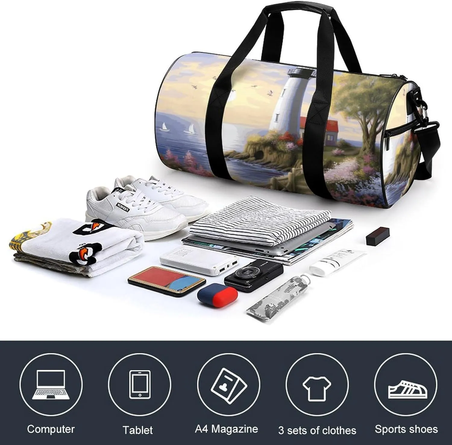 Gym Bag for Men Women Lighthouse Diamond Painting Duffel Bag Overnight Bag with Compartment Gym Sackpac