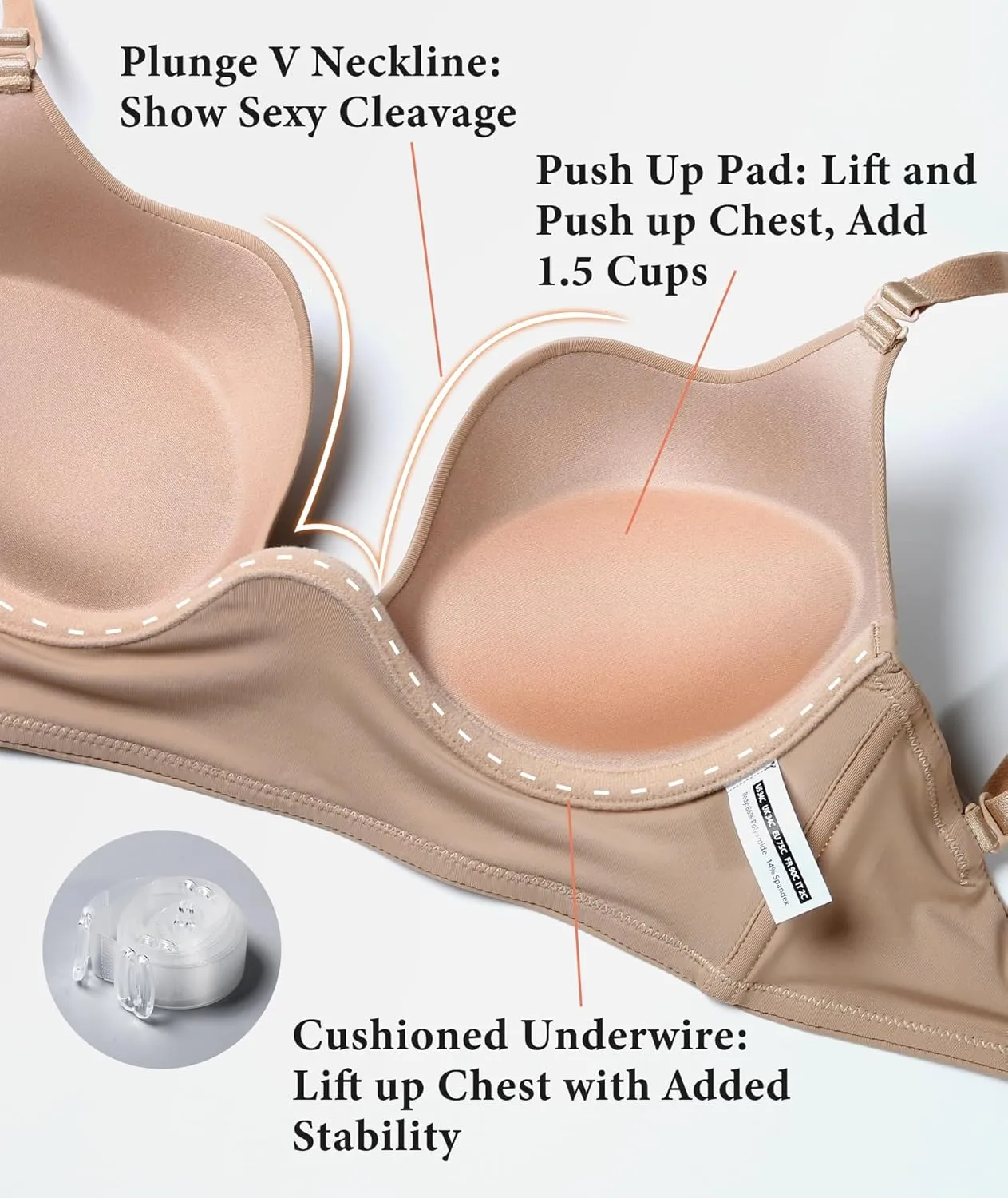 HACI Plunge U Neckline Backless Bra Push Up Deep V Padded Low Cut for Support