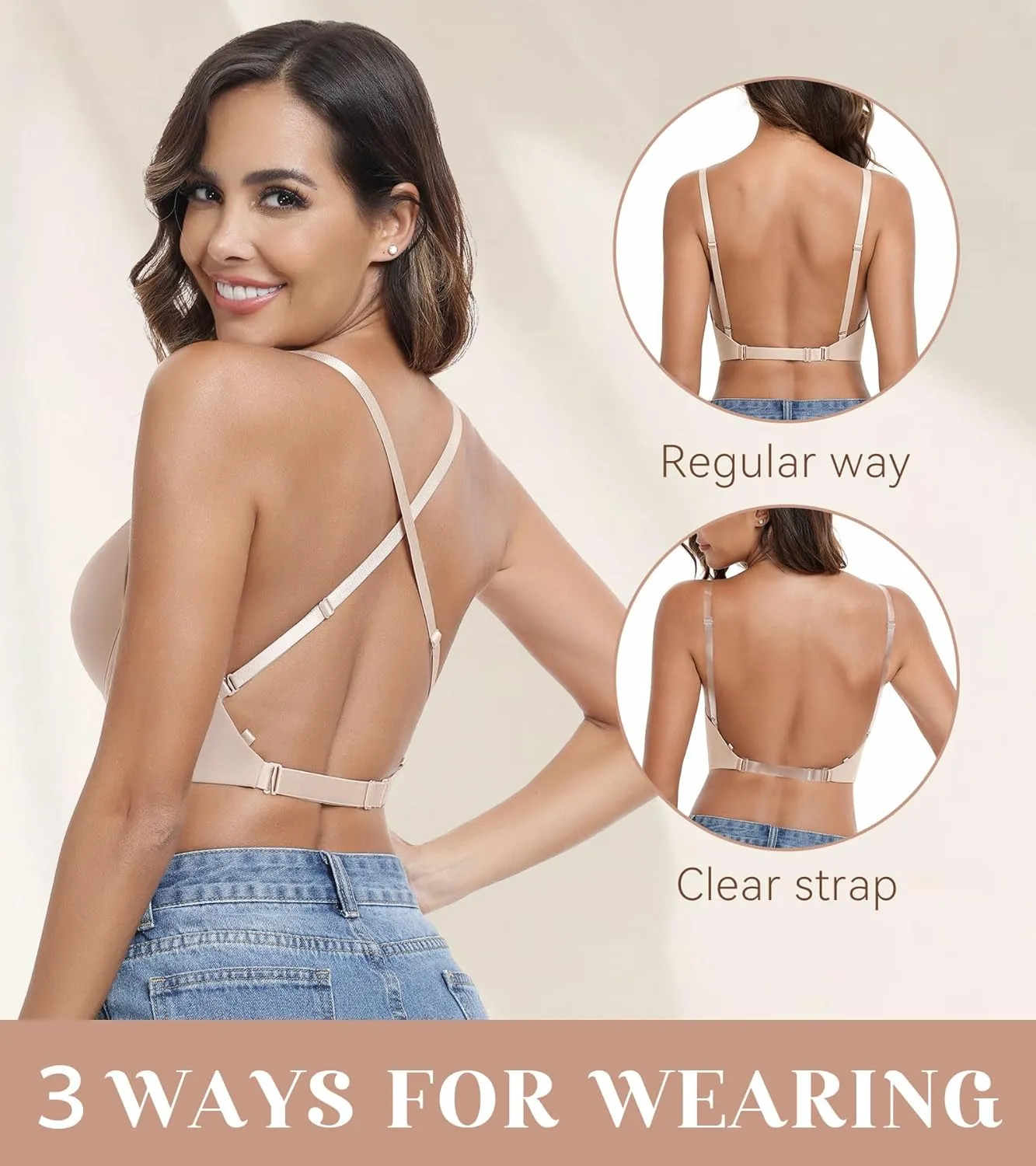 HACI Plunge U Neckline Backless Bra Push Up Deep V Padded Low Cut for Support