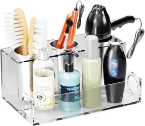 Hair Tool Organizer 11.8"x 7.3"x 5.3" – Acrylic Hair Organizer Storage for Hot Tools - Including 3 Stainless-Steel Cups & 1 Rectangular Section with 2 Screws & Anchors for Wall Mounting