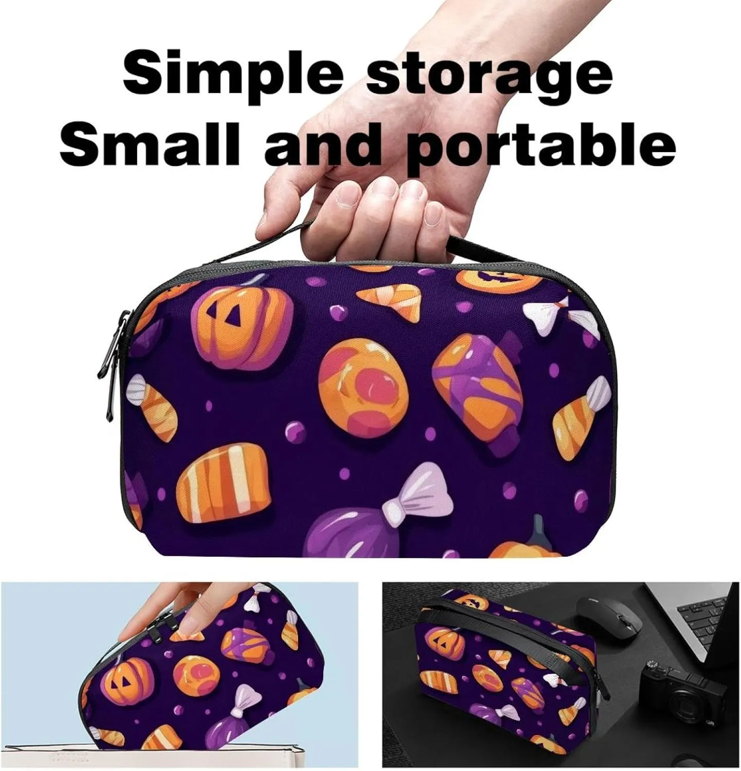 Halloween Sweets Elements on Purple Background Electronics Organizer, Cord Cable Storage Bag Waterproof for Home Travelling, Electronic Accessories Case for Charge Mouse USB SD Card Hard Drives