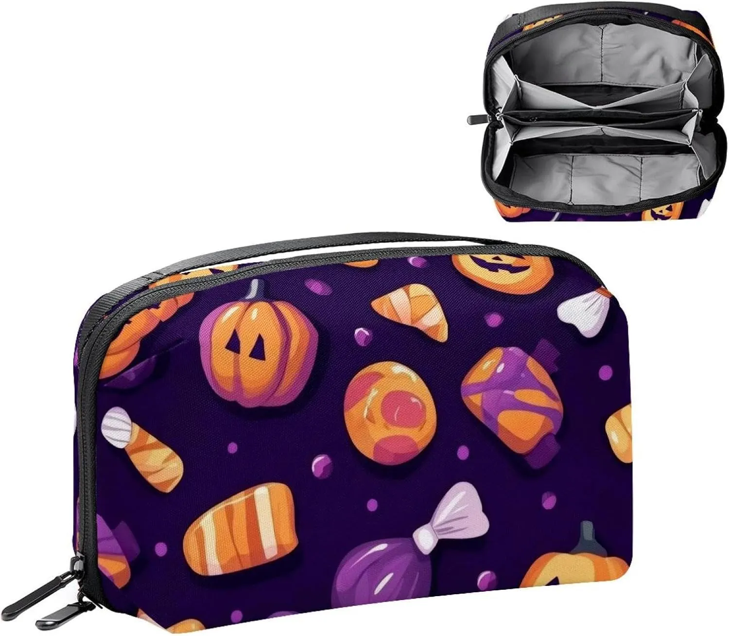 Halloween Sweets Elements on Purple Background Electronics Organizer, Cord Cable Storage Bag Waterproof for Home Travelling, Electronic Accessories Case for Charge Mouse USB SD Card Hard Drives