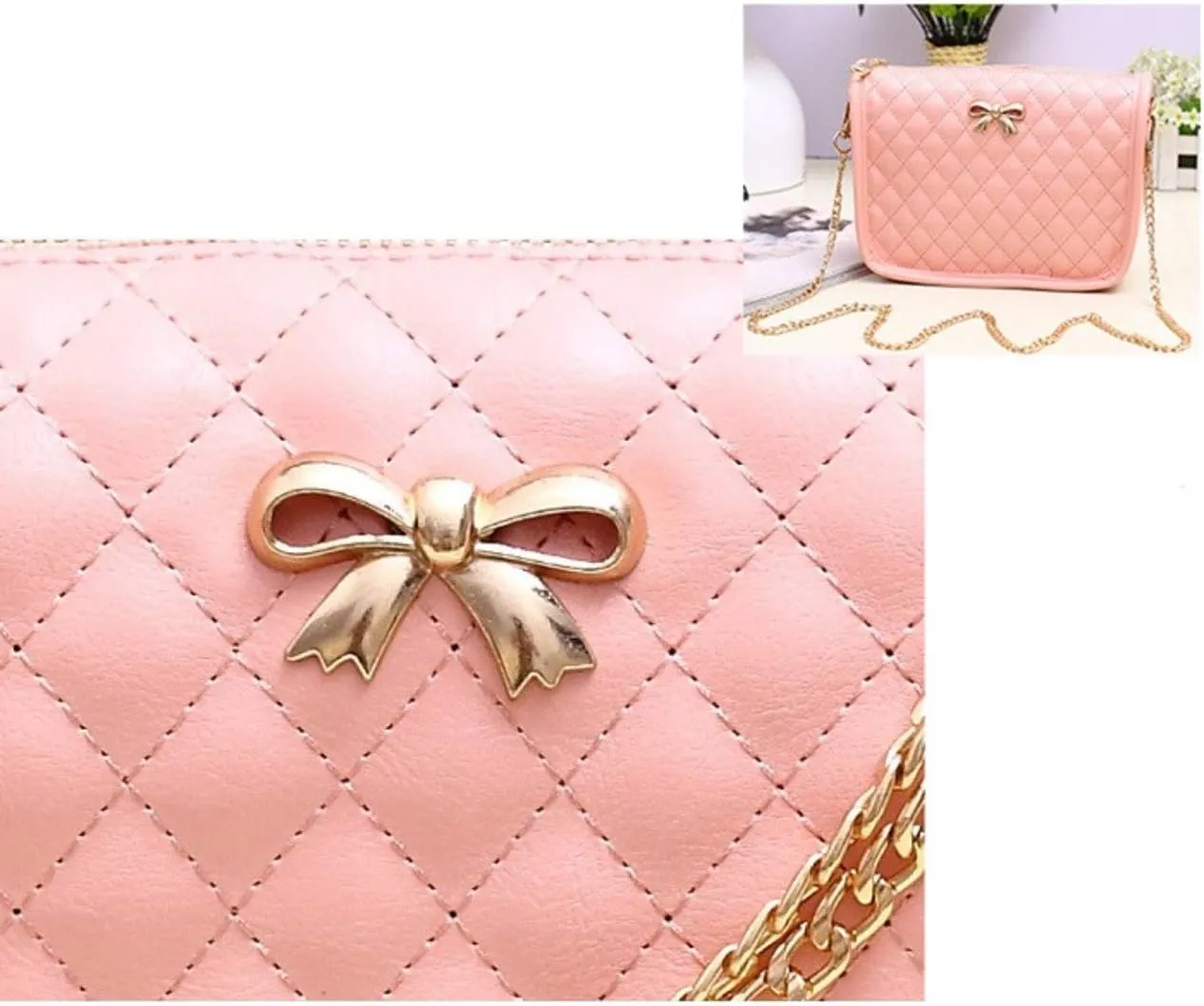 Hanbella Crossbody Purse for Women - Cute Quilted Leather Shoulder Bag with Gold Chain Strap for Teen Girls - Womens Clutch