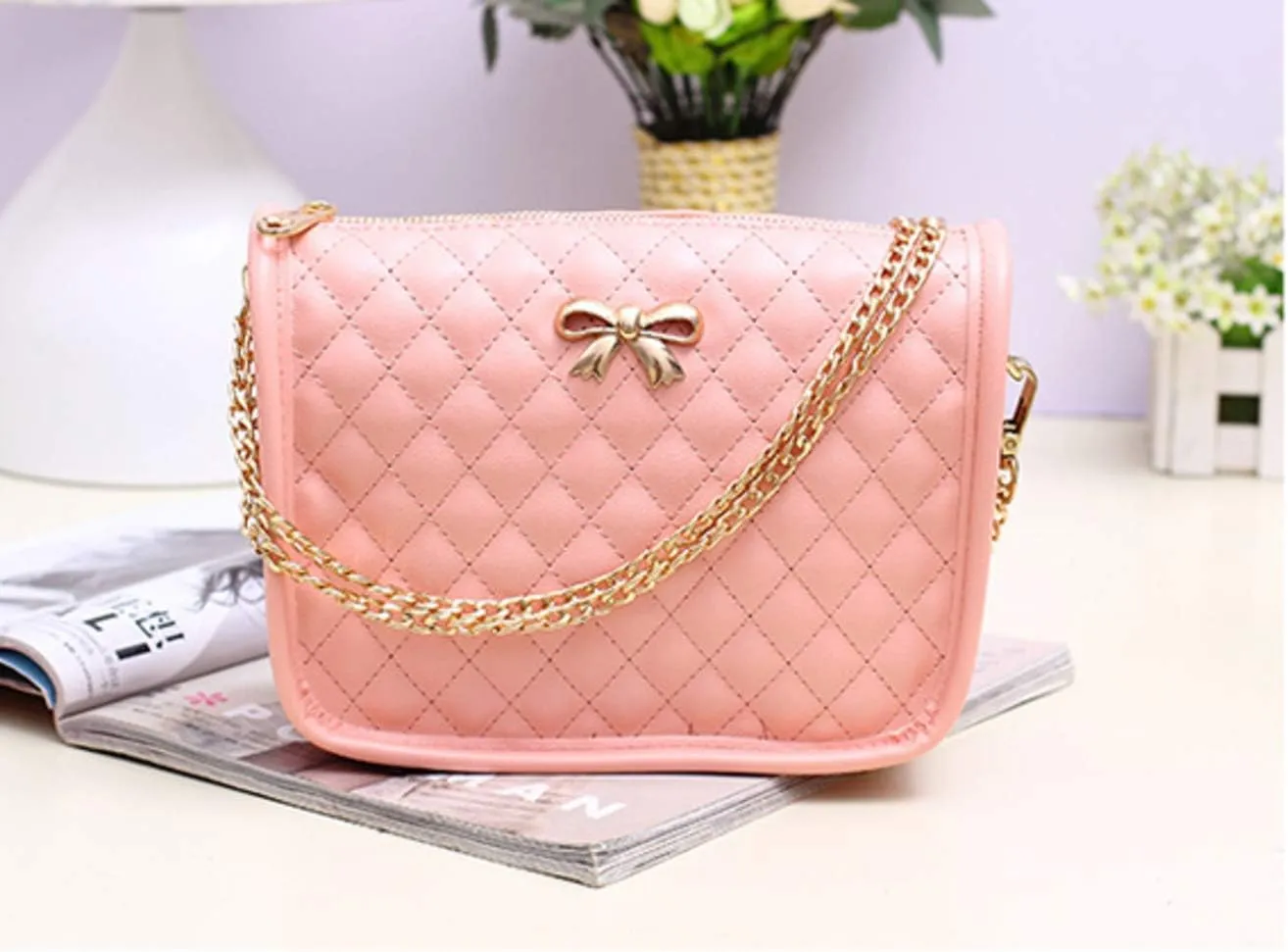 Hanbella Crossbody Purse for Women - Cute Quilted Leather Shoulder Bag with Gold Chain Strap for Teen Girls - Womens Clutch