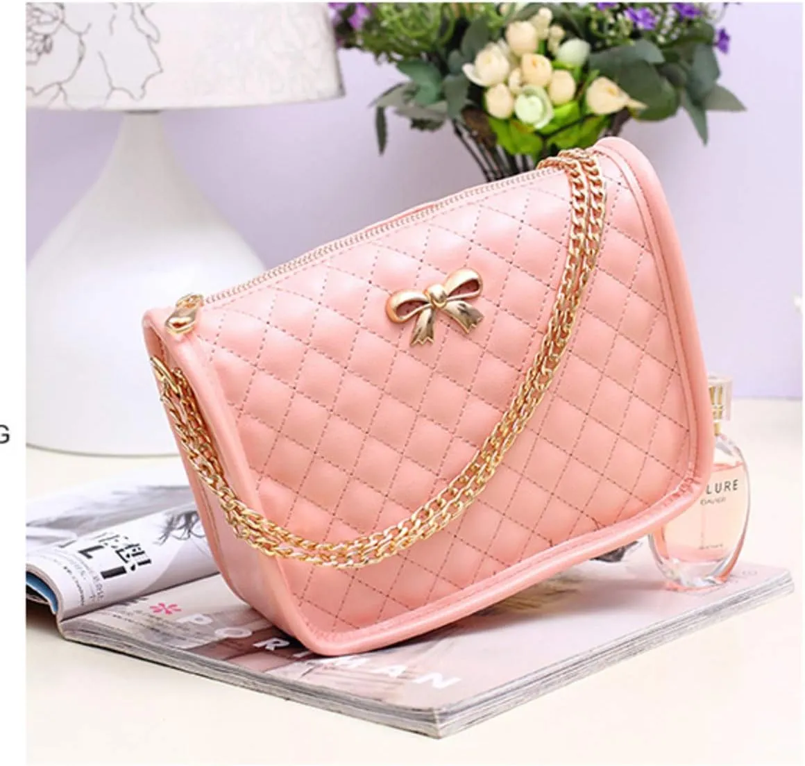 Hanbella Crossbody Purse for Women - Cute Quilted Leather Shoulder Bag with Gold Chain Strap for Teen Girls - Womens Clutch