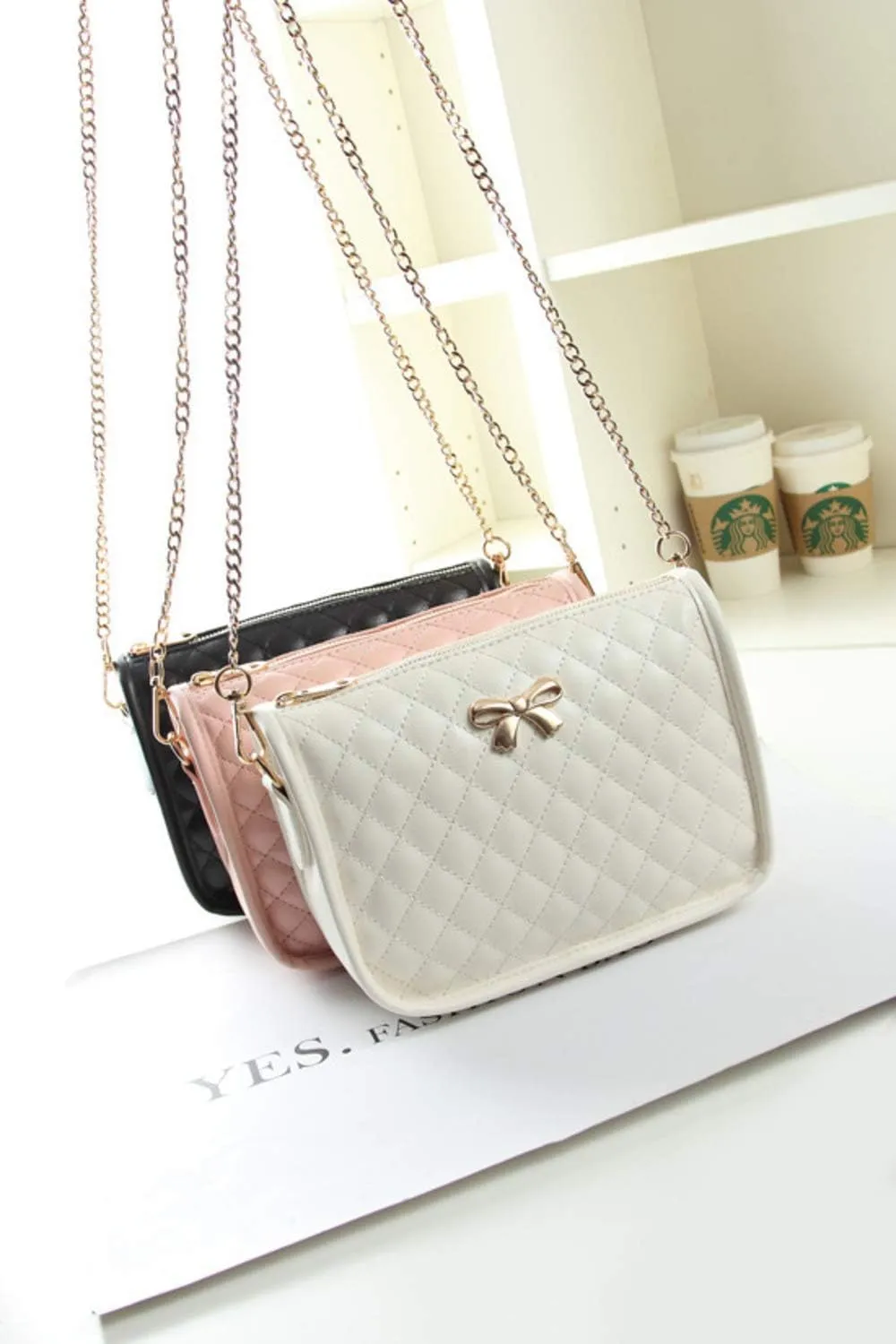 Hanbella Crossbody Purse for Women - Cute Quilted Leather Shoulder Bag with Gold Chain Strap for Teen Girls - Womens Clutch