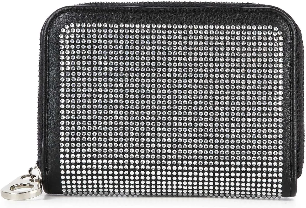 Handbag Express Rhinestone Design Zip Around Petite Wallet (Black-Dots)