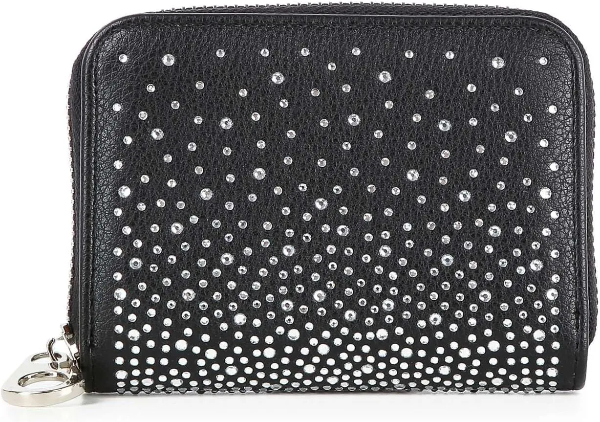 Handbag Express Rhinestone Design Zip Around Petite Wallet (Black-Stardust)