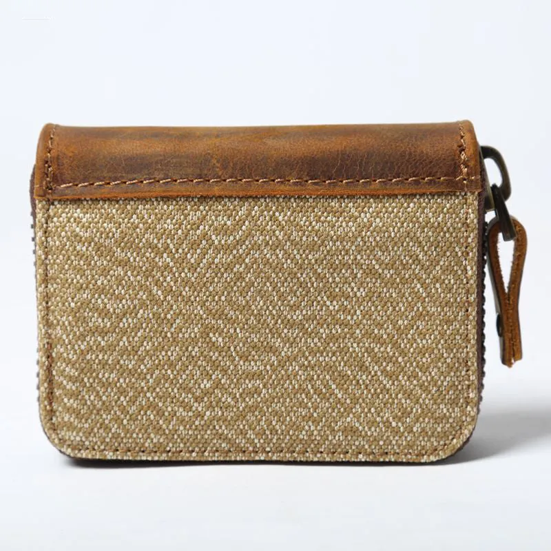 Handmade Vintage Zipper Canvas Leather Card Holder
