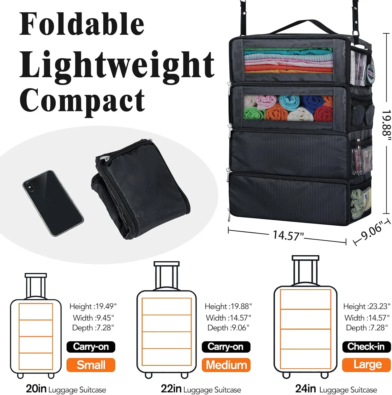 Hanging Travel Organizer, Carry on Luggage Suitcase Organizer, Travel Essentials Portable Travel Shelves Packing Cube for Travel Cruise Medium,Black