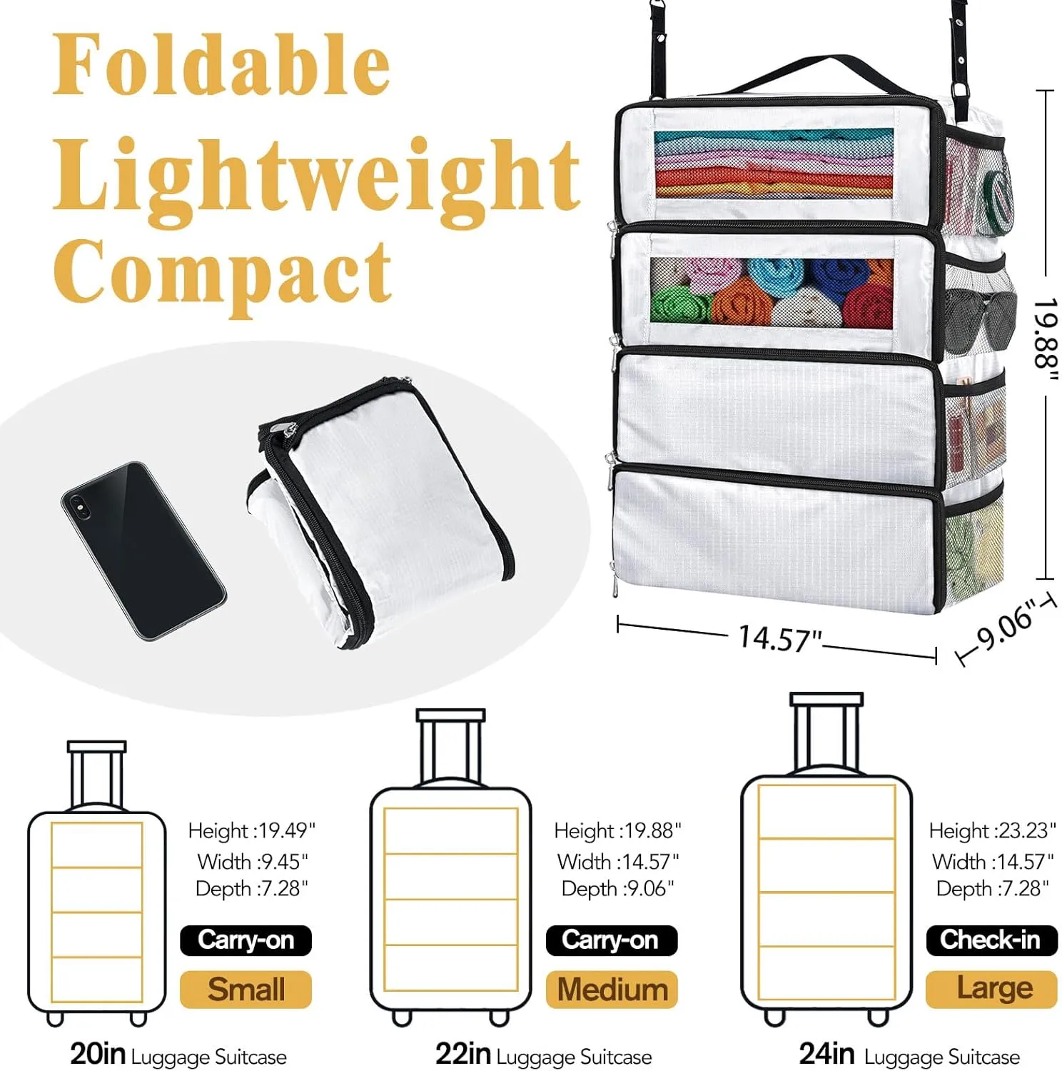 Hanging Travel Organizer, Carry on Luggage Suitcase Organizer, Travel Essentials Portable Travel Shelves Packing Cube for Travel Cruise Medium,White