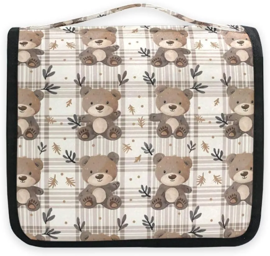 Hanging Travel Toiletry Bag Bear Plaid Kit Makeup Case Cosmetics Organizer for Men Women