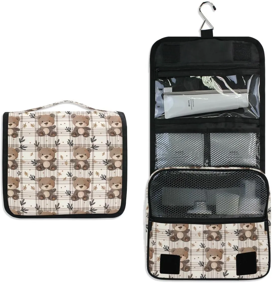 Hanging Travel Toiletry Bag Bear Plaid Kit Makeup Case Cosmetics Organizer for Men Women