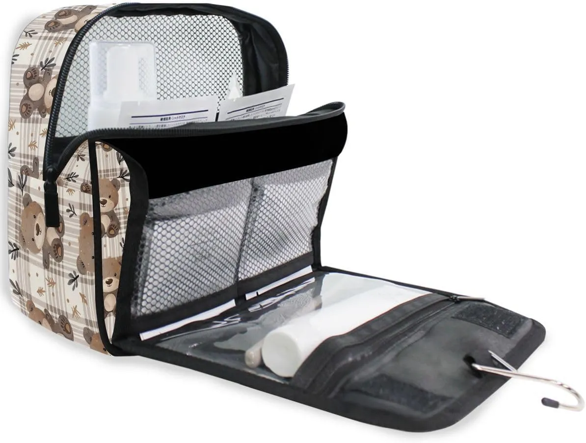 Hanging Travel Toiletry Bag Bear Plaid Kit Makeup Case Cosmetics Organizer for Men Women