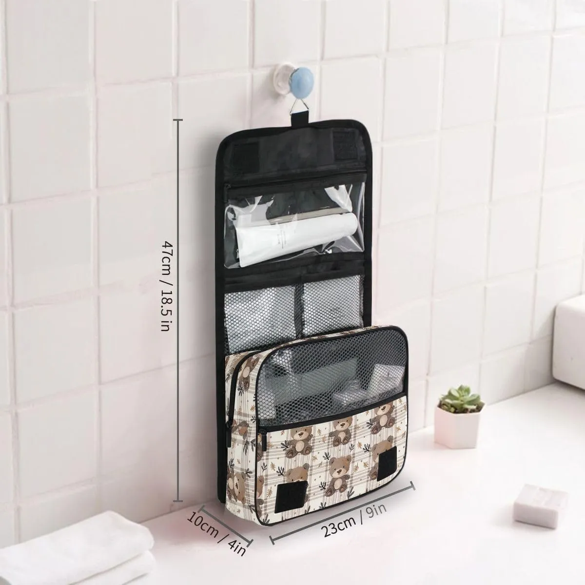 Hanging Travel Toiletry Bag Bear Plaid Kit Makeup Case Cosmetics Organizer for Men Women