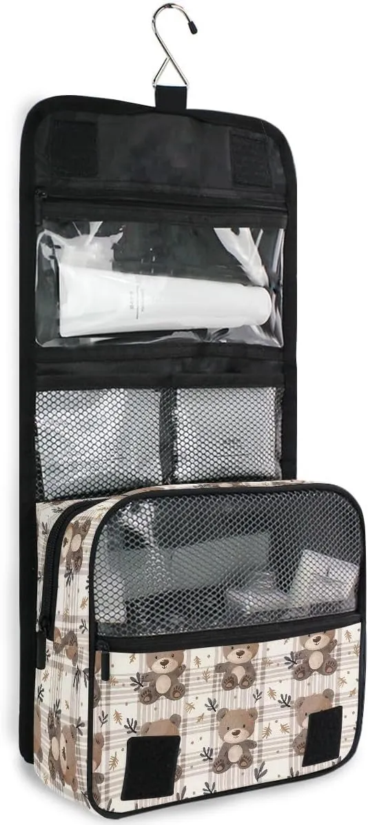 Hanging Travel Toiletry Bag Bear Plaid Kit Makeup Case Cosmetics Organizer for Men Women