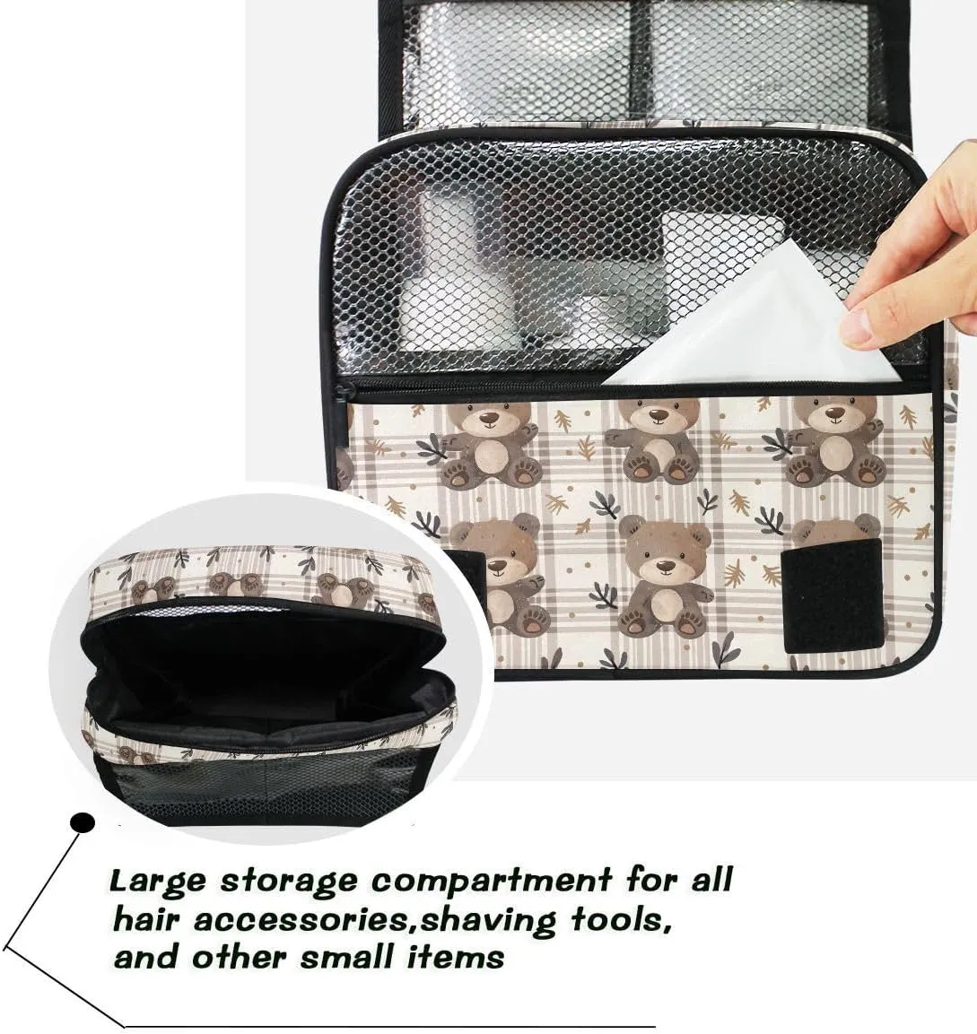 Hanging Travel Toiletry Bag Bear Plaid Kit Makeup Case Cosmetics Organizer for Men Women