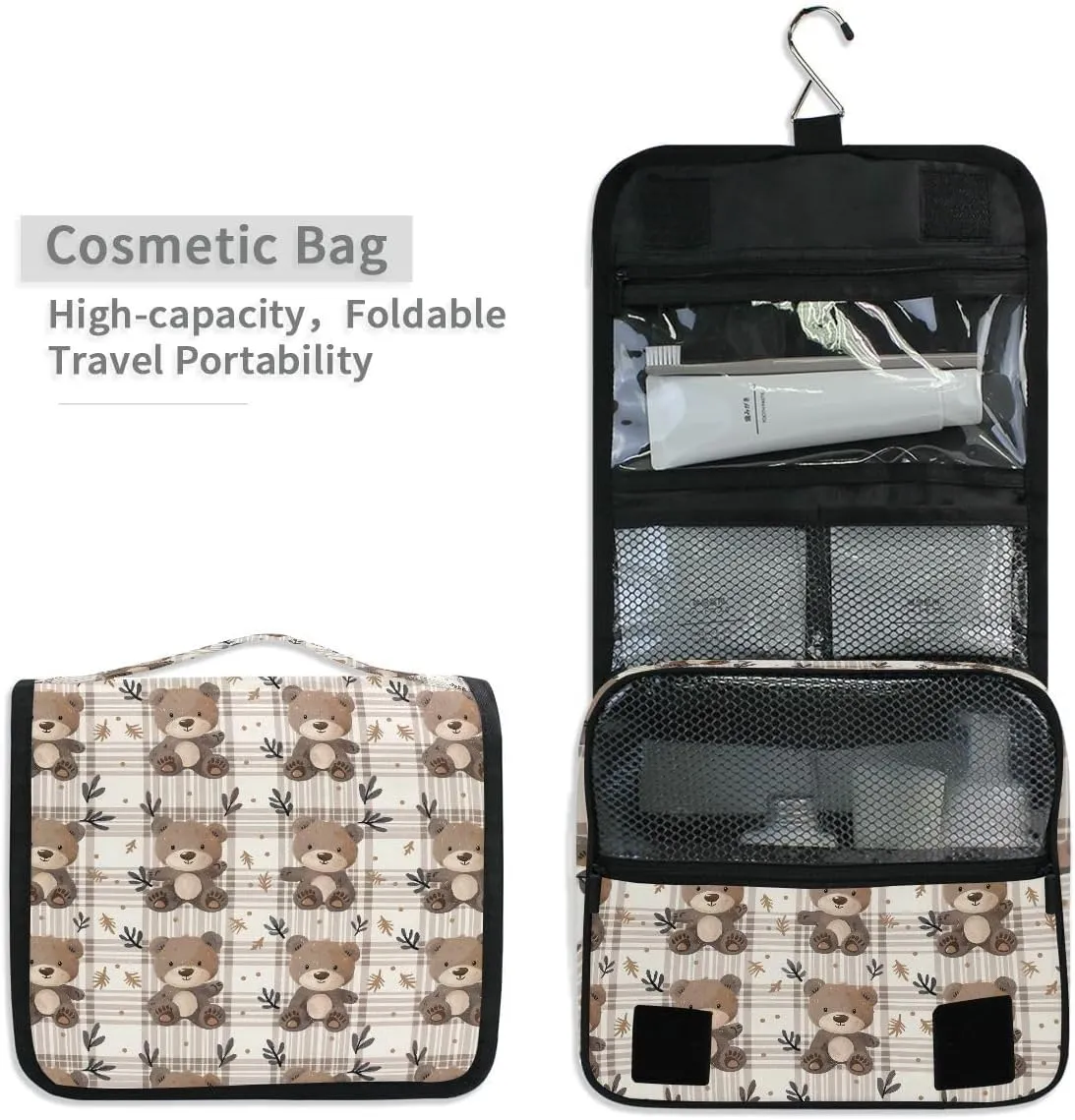 Hanging Travel Toiletry Bag Bear Plaid Kit Makeup Case Cosmetics Organizer for Men Women
