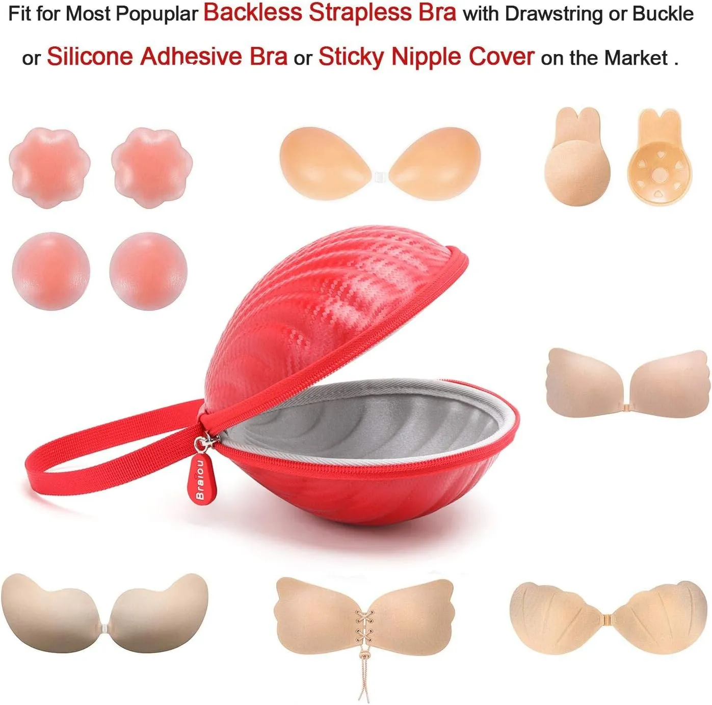 Hard Shell Travel Case for Silicone Bras [A-C Cup] Premium Nubra Organizer Portable Lingerie Underwear Storage Bag (Red)