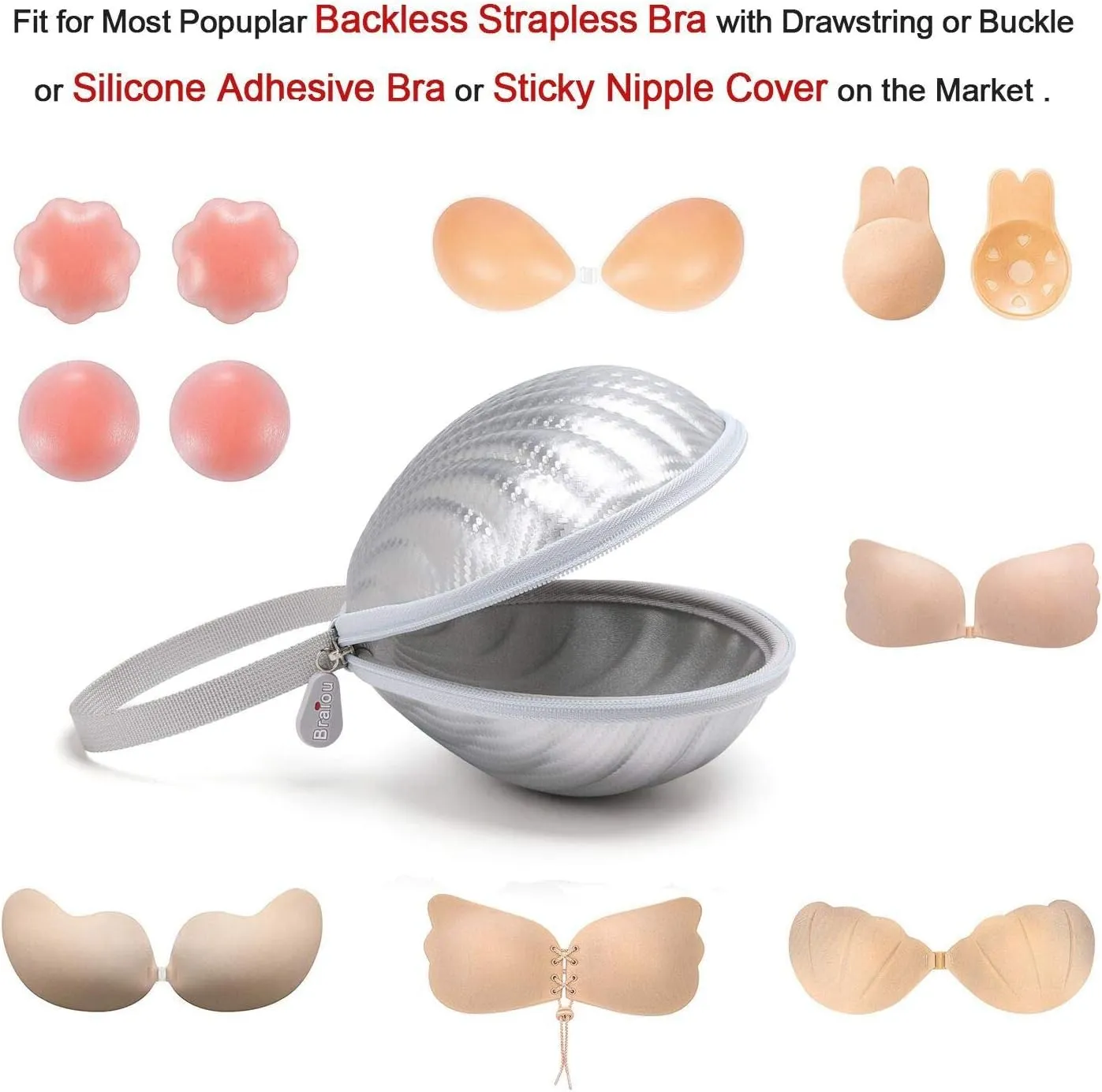 Hard Shell Travel Case for Silicone Bras [A-C Cup] Premium Nubra Organizer Portable Lingerie Underwear Storage Bag (Silver)