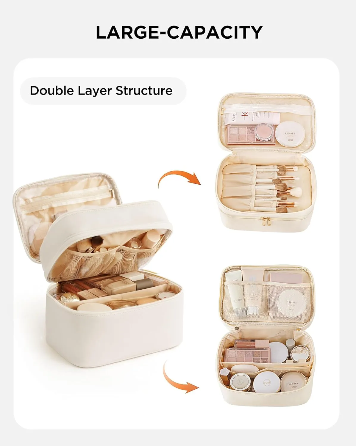 HBlife Double Layer Travel Makeup Bag Portable Cute Leather Cosmetic Bag Large Make Up Bag Makeup Case Organizer Toiletry Bag for Women Girls with Handle and Removable Divider(Beige)