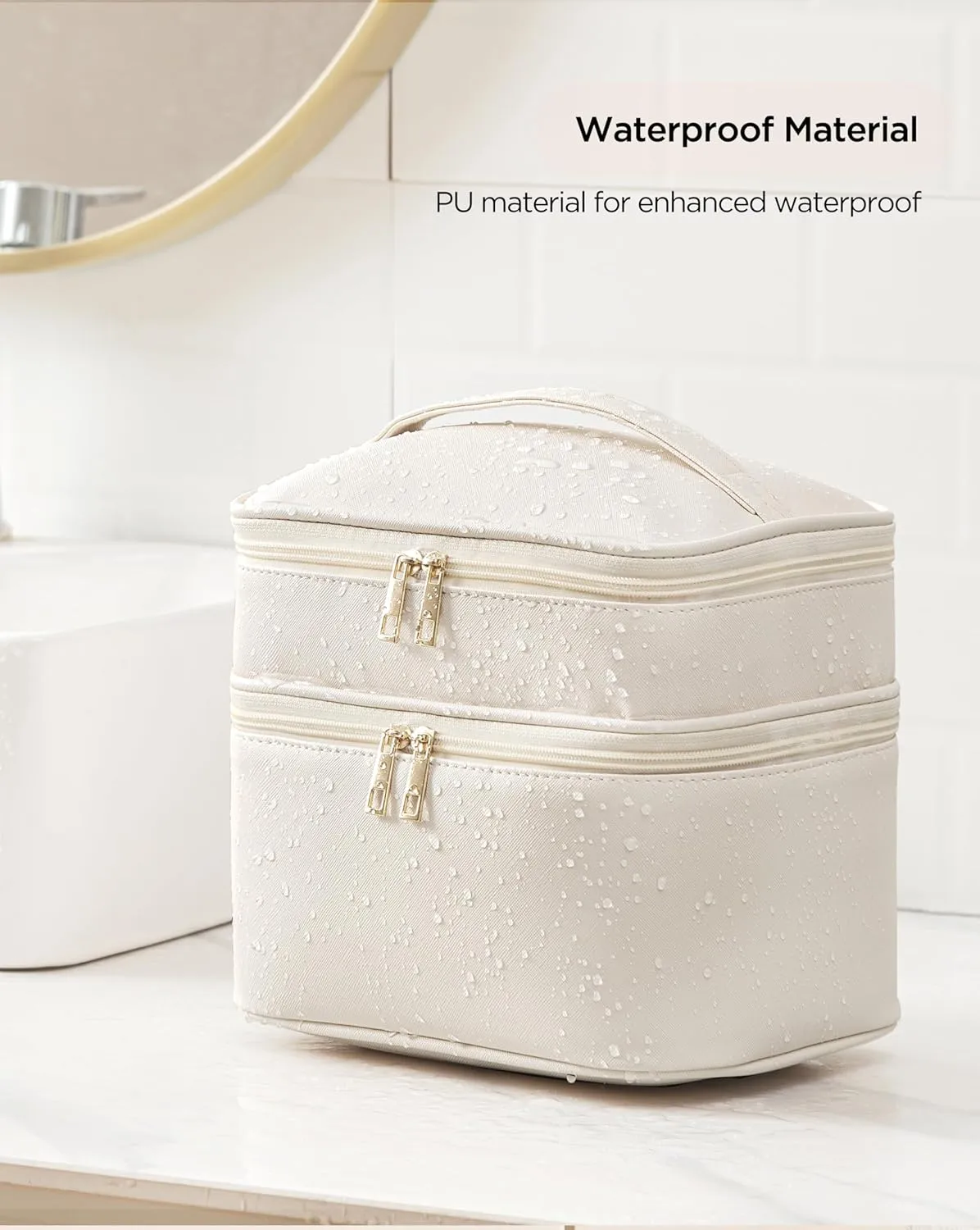 HBlife Double Layer Travel Makeup Bag Portable Cute Leather Cosmetic Bag Large Make Up Bag Makeup Case Organizer Toiletry Bag for Women Girls with Handle and Removable Divider(Beige)