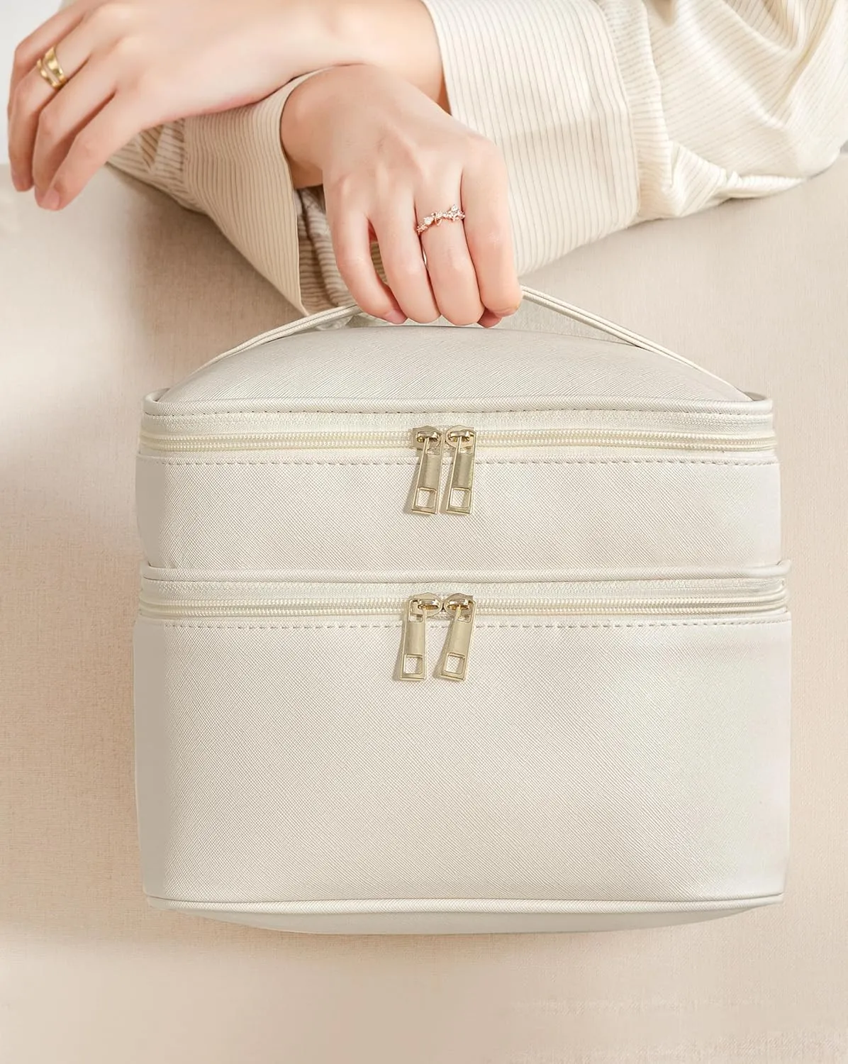 HBlife Double Layer Travel Makeup Bag Portable Cute Leather Cosmetic Bag Large Make Up Bag Makeup Case Organizer Toiletry Bag for Women Girls with Handle and Removable Divider(Beige)