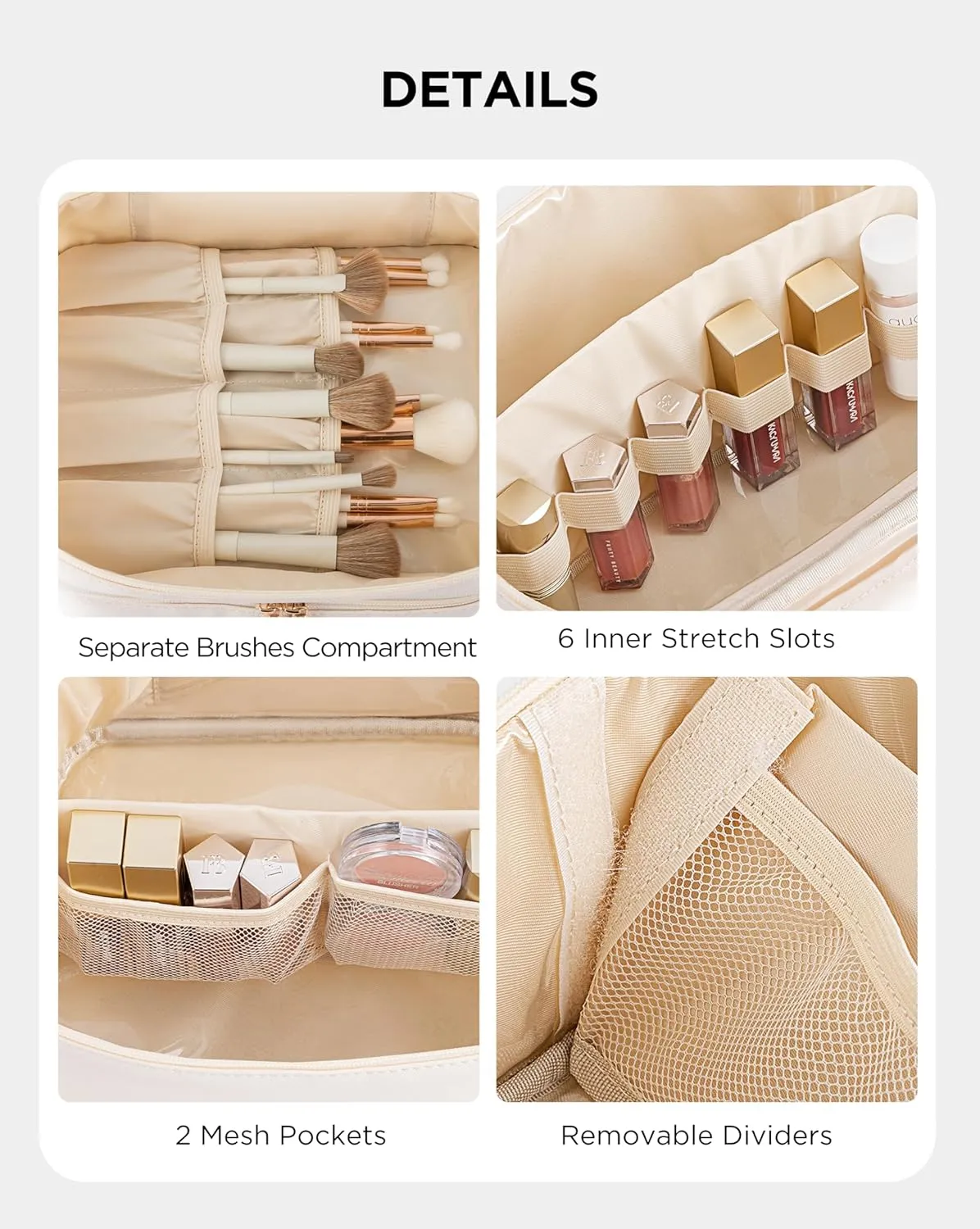 HBlife Double Layer Travel Makeup Bag Portable Cute Leather Cosmetic Bag Large Make Up Bag Makeup Case Organizer Toiletry Bag for Women Girls with Handle and Removable Divider(Beige)
