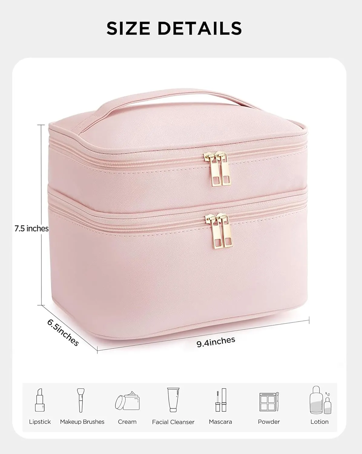 HBlife Double Layer Travel Makeup Bag Portable Cute Leather Cosmetic Bag Large Make Up Bag Makeup Case Organizer Toiletry Bag for Women Girls with Handle and Removable Divider(Pink)