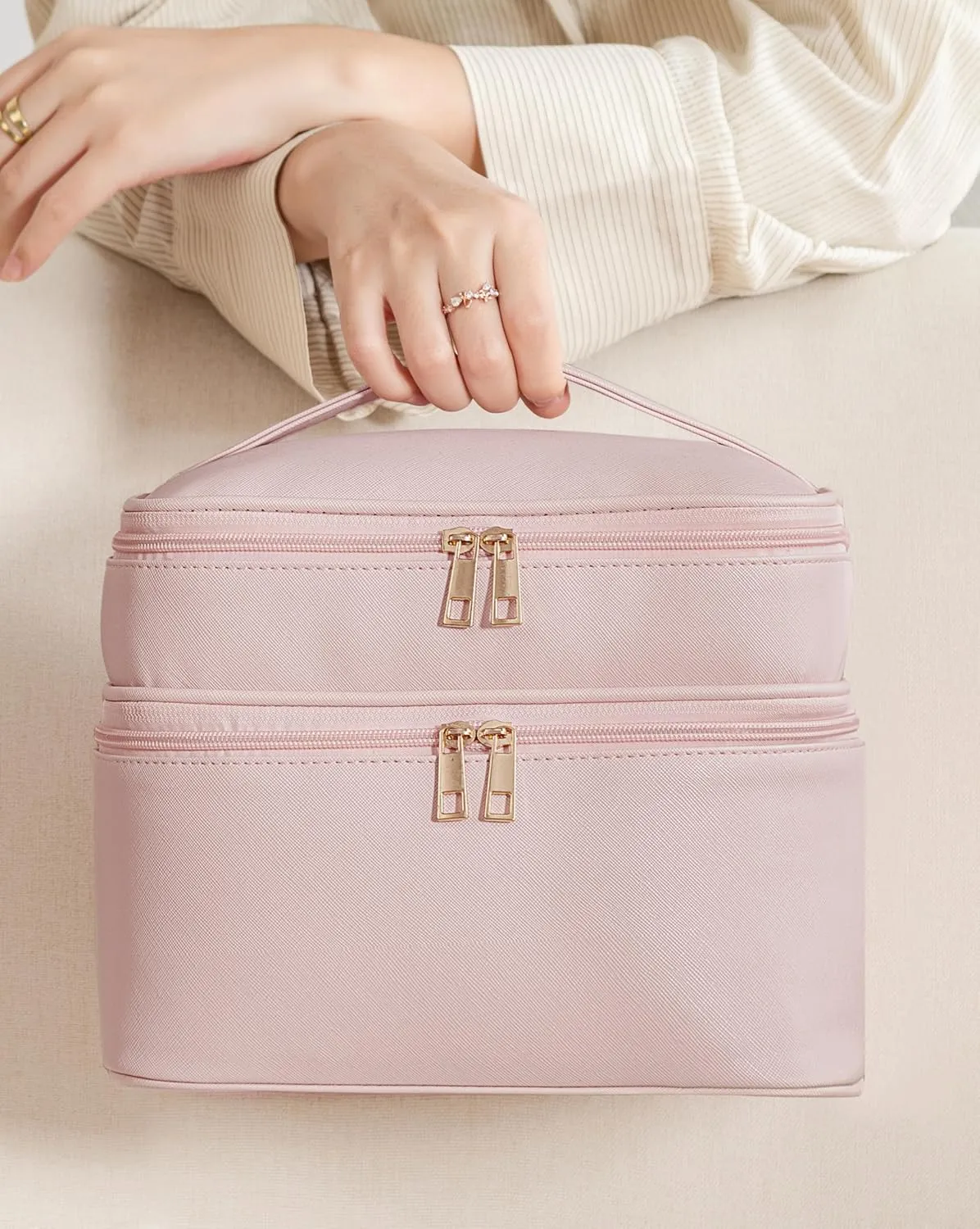 HBlife Double Layer Travel Makeup Bag Portable Cute Leather Cosmetic Bag Large Make Up Bag Makeup Case Organizer Toiletry Bag for Women Girls with Handle and Removable Divider(Pink)
