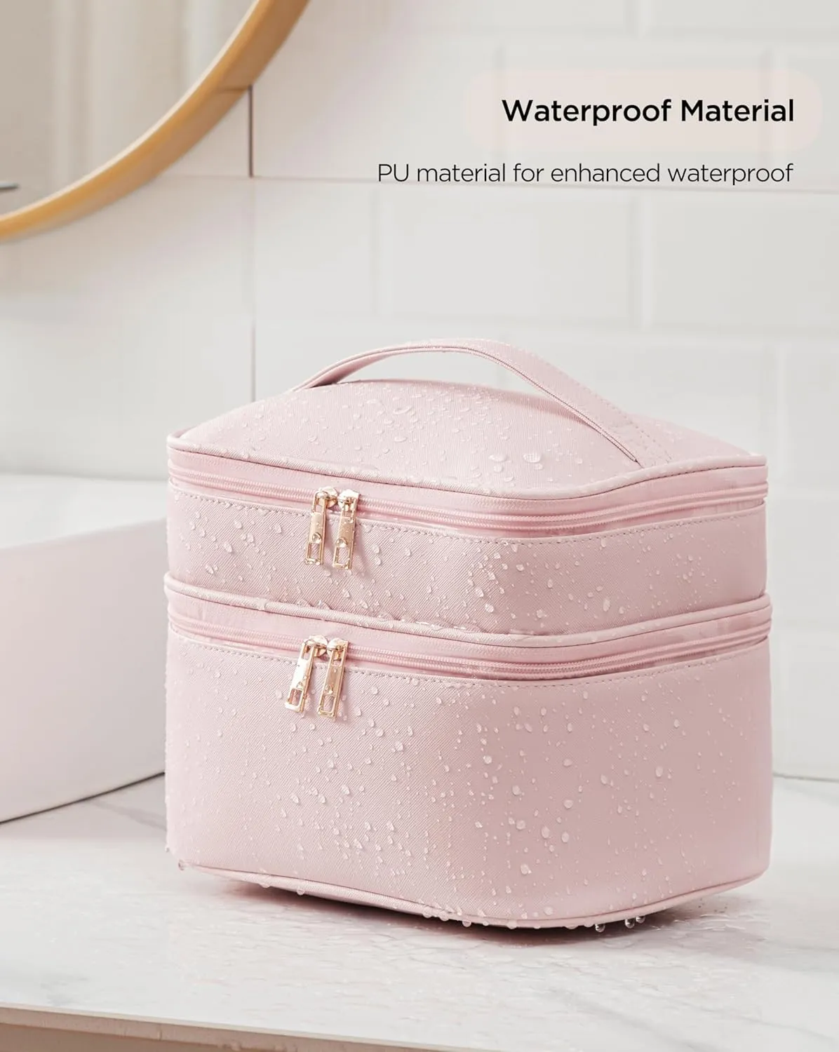 HBlife Double Layer Travel Makeup Bag Portable Cute Leather Cosmetic Bag Large Make Up Bag Makeup Case Organizer Toiletry Bag for Women Girls with Handle and Removable Divider(Pink)