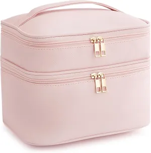 HBlife Double Layer Travel Makeup Bag Portable Cute Leather Cosmetic Bag Large Make Up Bag Makeup Case Organizer Toiletry Bag for Women Girls with Handle and Removable Divider(Pink)