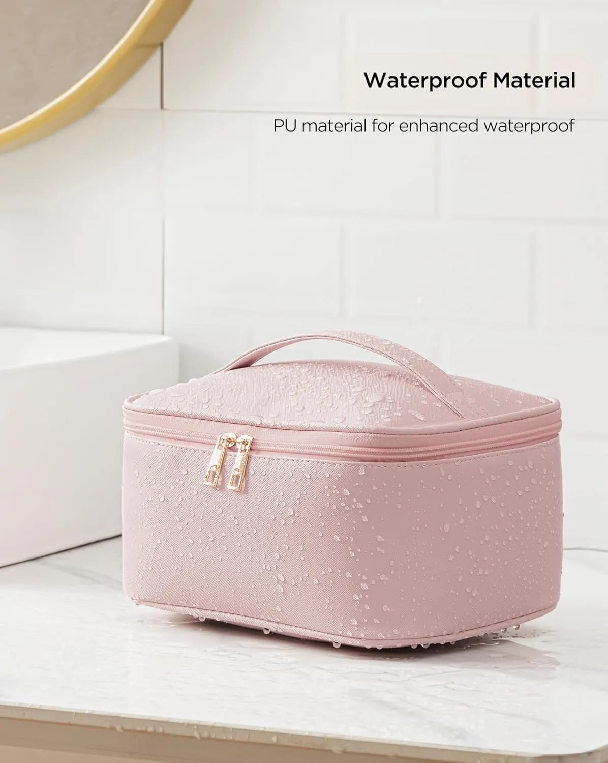 HBlife Travel Makeup Bag Portable Cute Leather Cosmetic Bag Large Make Up Bag Makeup Case Organizer Toiletry Bag for Women Girls with Handle and Removable Divider (Pink)