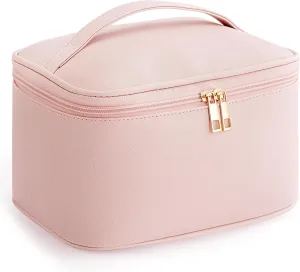 HBlife Travel Makeup Bag Portable Cute Leather Cosmetic Bag Large Make Up Bag Makeup Case Organizer Toiletry Bag for Women Girls with Handle and Removable Divider (Pink)