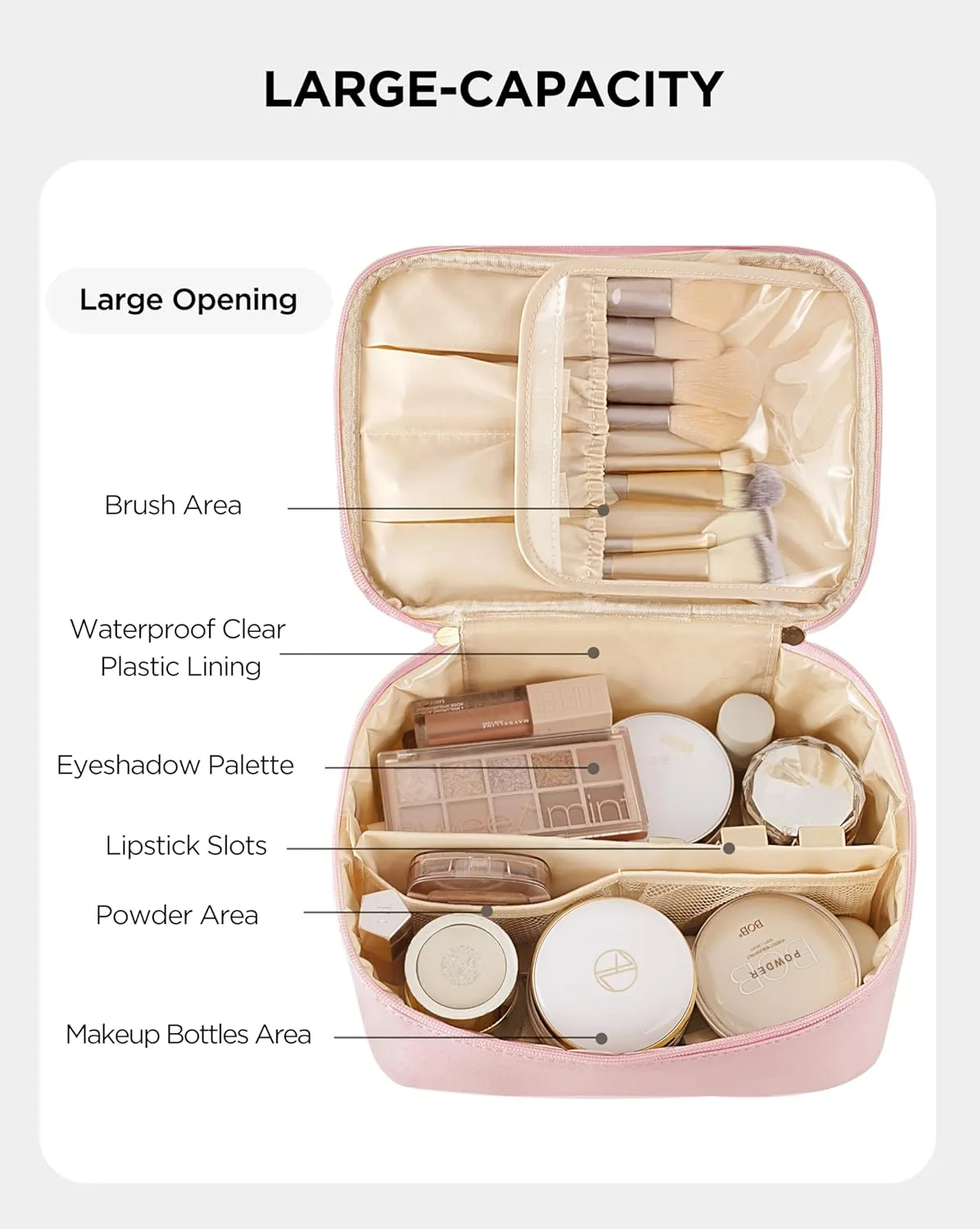 HBlife Travel Makeup Bag Portable Cute Leather Cosmetic Bag Large Make Up Bag Makeup Case Organizer Toiletry Bag for Women Girls with Handle and Removable Divider (Pink)