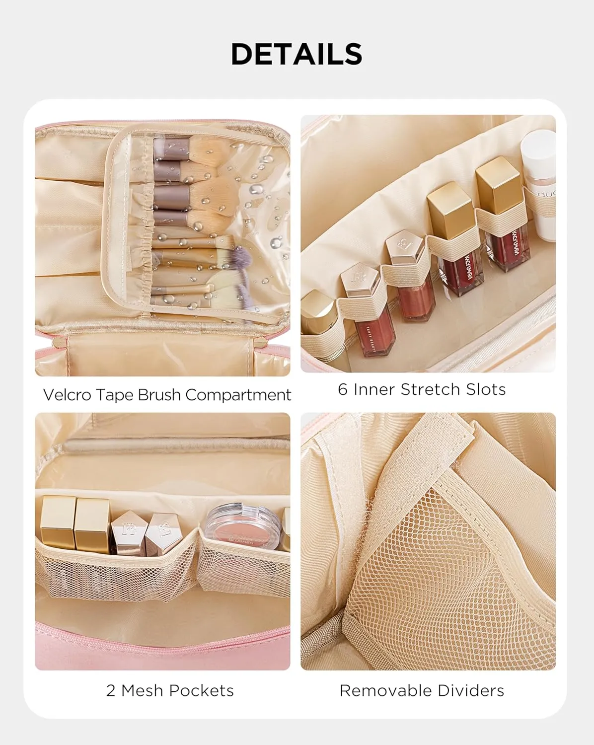 HBlife Travel Makeup Bag Portable Cute Leather Cosmetic Bag Large Make Up Bag Makeup Case Organizer Toiletry Bag for Women Girls with Handle and Removable Divider (Pink)