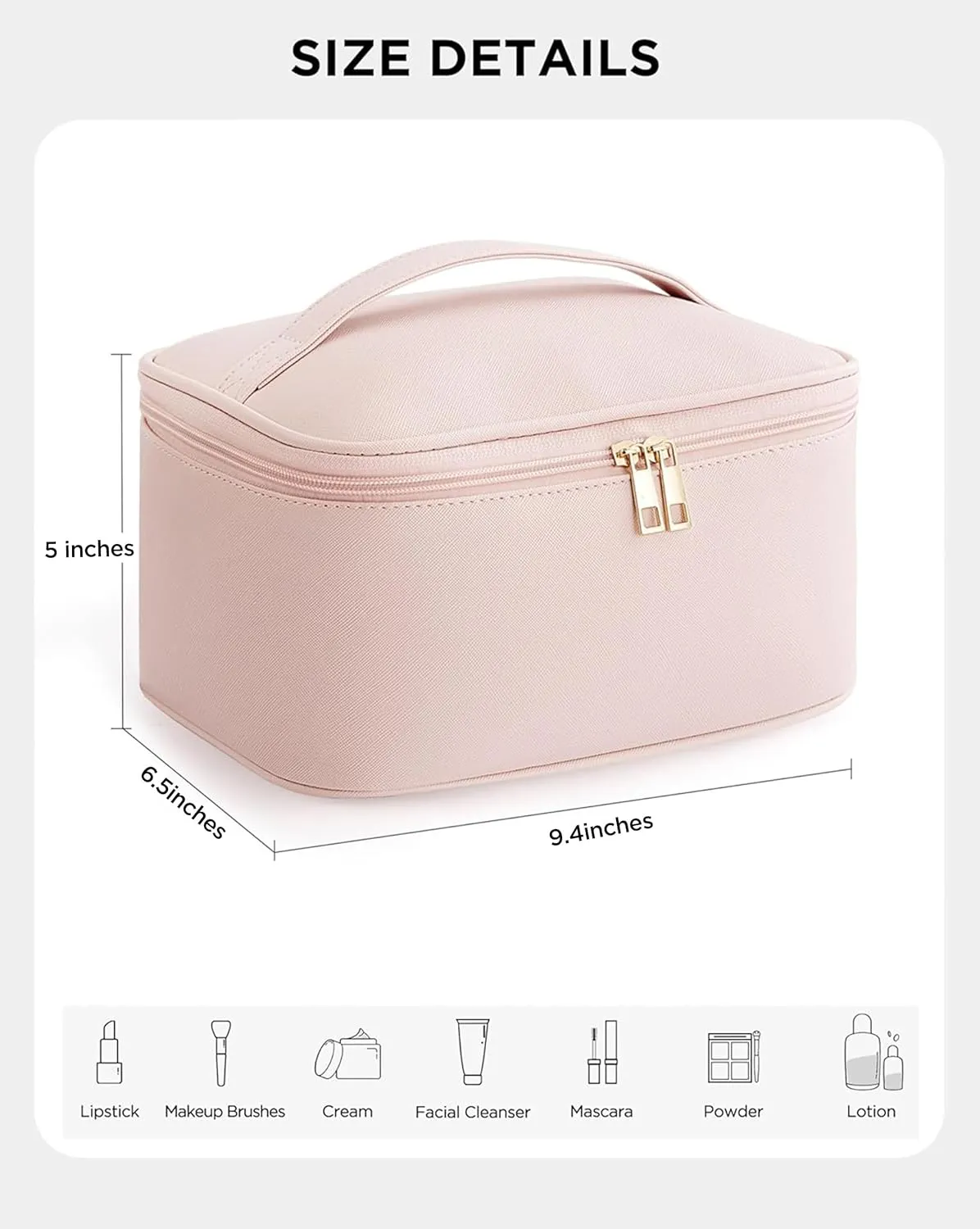 HBlife Travel Makeup Bag Portable Cute Leather Cosmetic Bag Large Make Up Bag Makeup Case Organizer Toiletry Bag for Women Girls with Handle and Removable Divider (Pink)