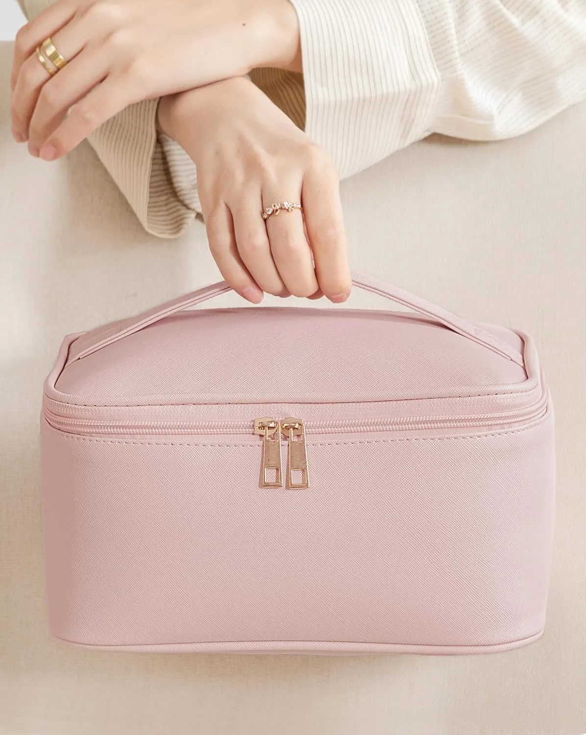 HBlife Travel Makeup Bag Portable Cute Leather Cosmetic Bag Large Make Up Bag Makeup Case Organizer Toiletry Bag for Women Girls with Handle and Removable Divider (Pink)