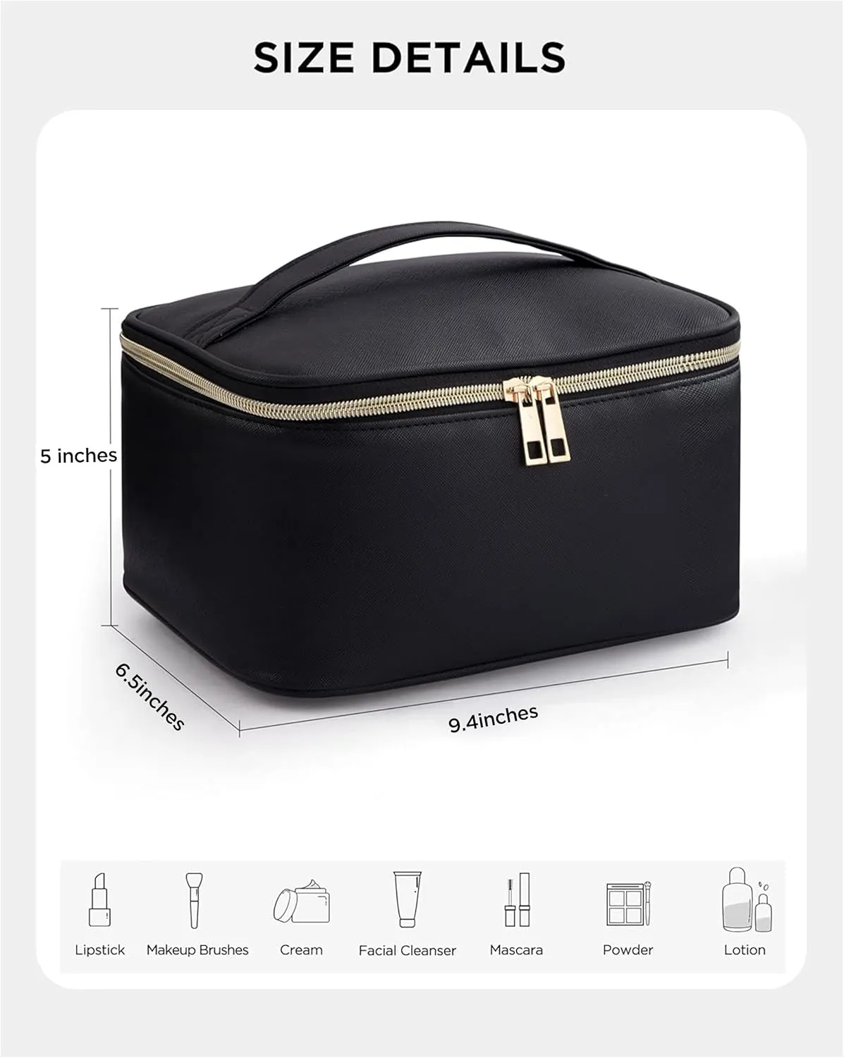 HBlife Travel Makeup Bag Portable Cute Leather Cosmetic Bag Large Make Up Bag Makeup Case Organizer Toiletry Bag for Women Girls with Handle and Removable Divider(Black)