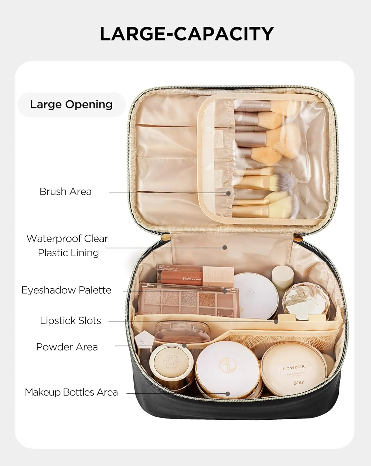 HBlife Travel Makeup Bag Portable Cute Leather Cosmetic Bag Large Make Up Bag Makeup Case Organizer Toiletry Bag for Women Girls with Handle and Removable Divider(Black)
