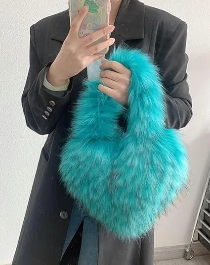 Heart Shaped Fur Purse For Women -Furry Shoulder Crossbody Bags-Luxury Trendy Y2k Girls Handbag