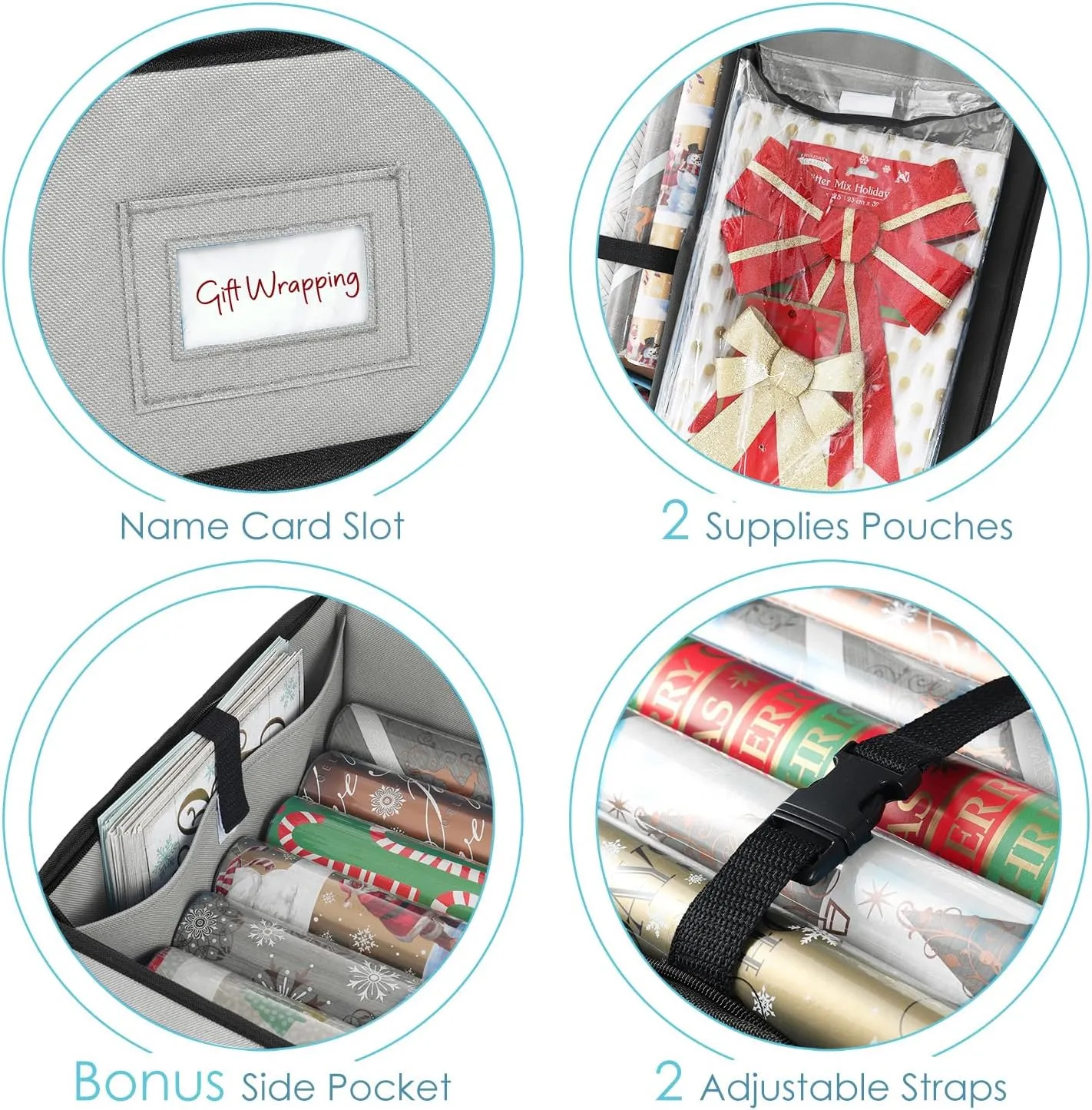 Hearth & Harbor Wrapping Paper Storage Container - Christmas Storage Bag with Interior Pockets - Gift Wrapping Organizer Storage Fits Up to 22 Rolls of 40" - Tear Proof Wrapping Paper Organizer