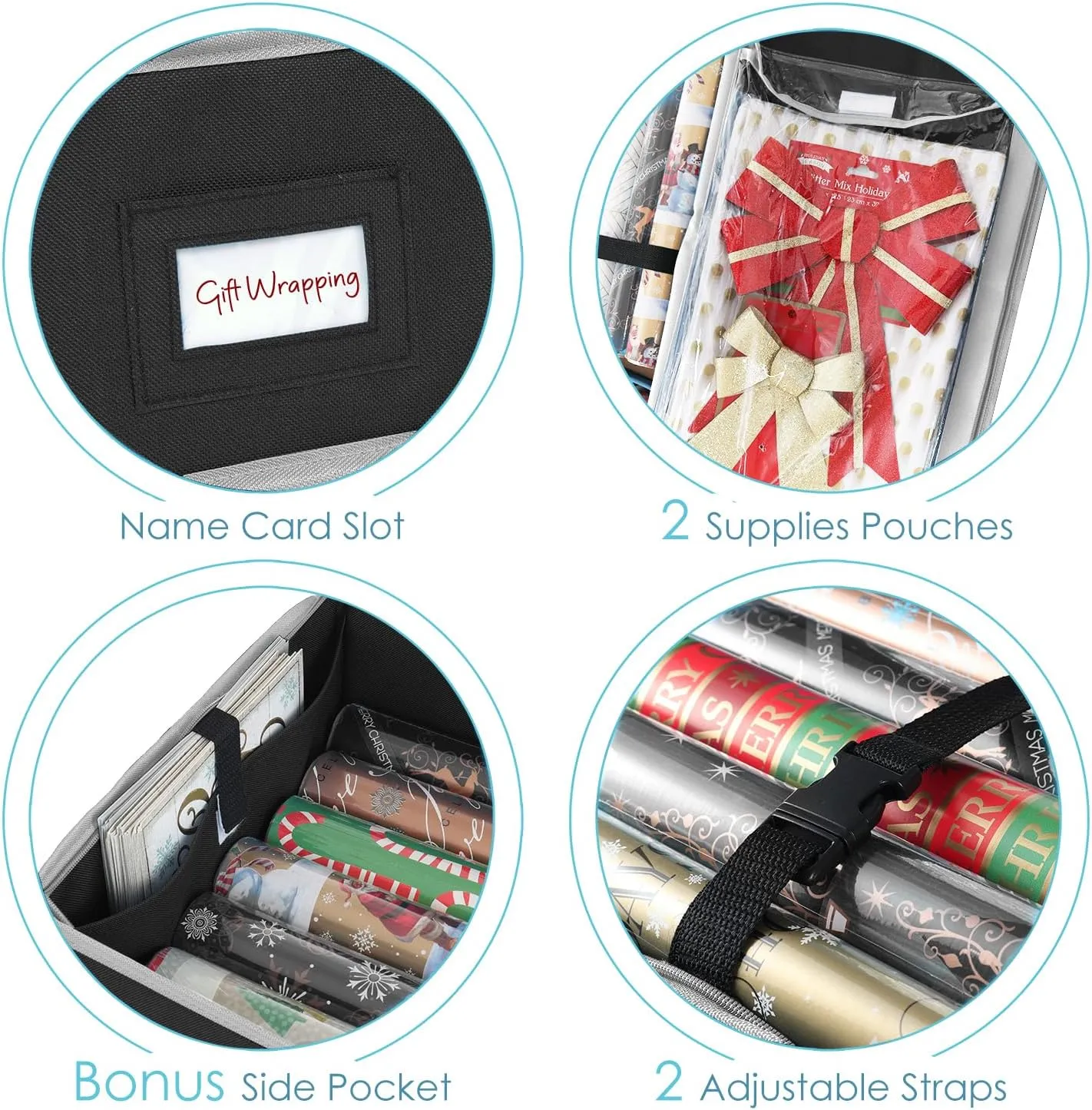 Hearth & Harbor Wrapping Paper Storage Container - Christmas Storage Bag with Interior Pockets - Gift Wrapping Organizer Storage Fits Up to 22 Rolls of 40" - Tear Proof Wrapping Paper Organizer