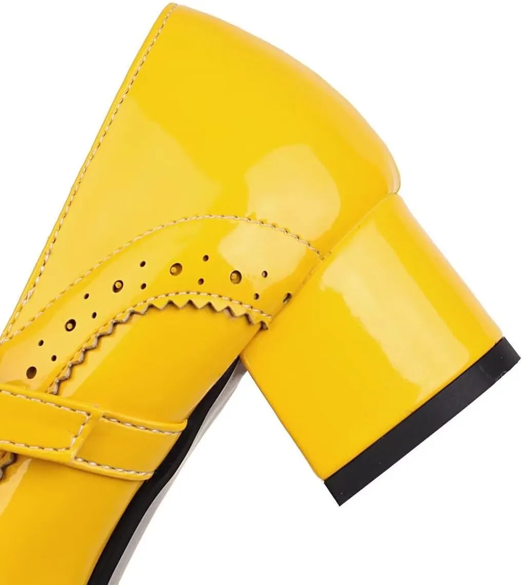 Hee grand Vintage Mary Jane Shoes Chunky Heels for Women Square Toe Adjustable Strap Pump PU Leather Brogue Work Heels Dress Shoes