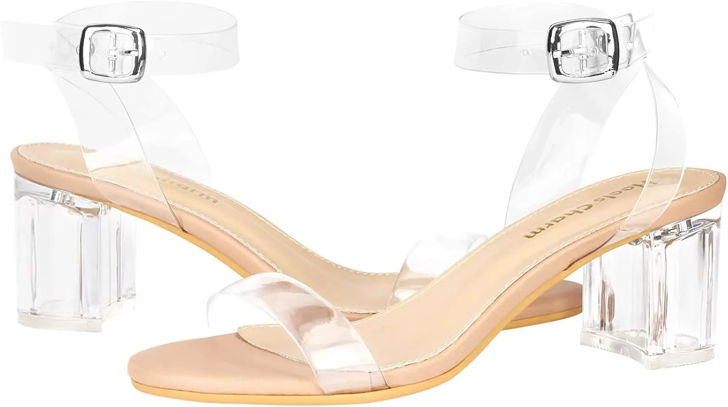 Heels Charm Women's Strappy Clear Chunky Clear Block Low Heeled Sandals 2 Inches Open Toe Ankle Strap High Heel Dress Sandals Daily Work Party Sandal Shoes