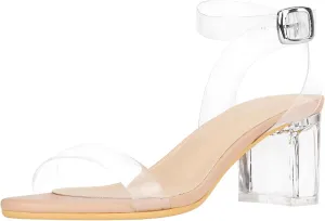 Heels Charm Women's Strappy Clear Chunky Clear Block Low Heeled Sandals 2 Inches Open Toe Ankle Strap High Heel Dress Sandals Daily Work Party Sandal Shoes